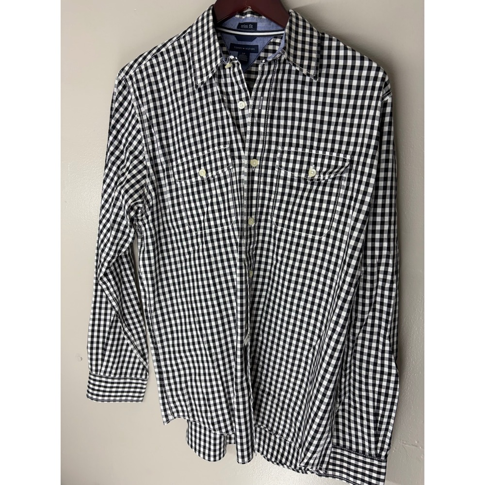 Tommy Hilfiger Mens Trim Fit Gingham Button Down Shirt Black White Small